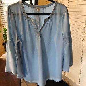 Sky blue, bell sleeve blouse with silver accents